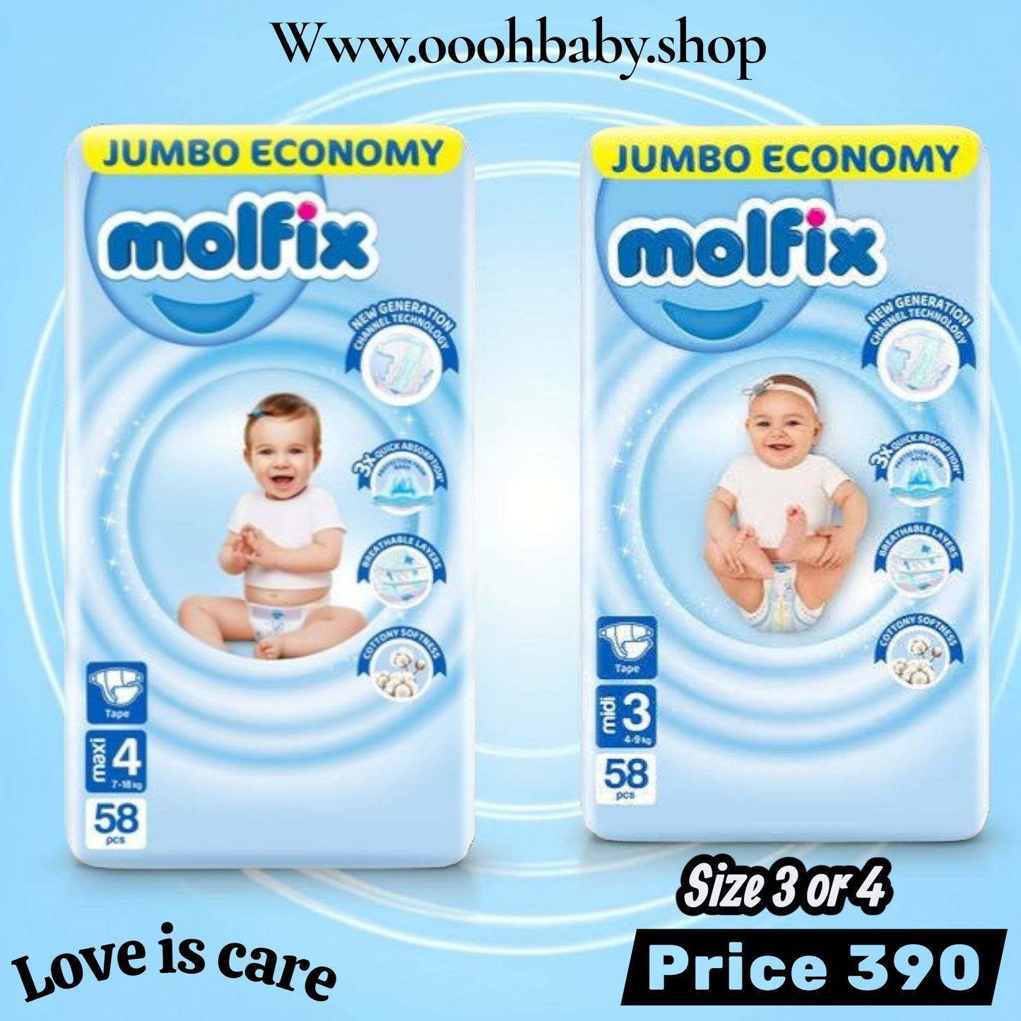 موليفكس حفاضات مقاس ٣ او ٤ عدد ٥٨ قطعه